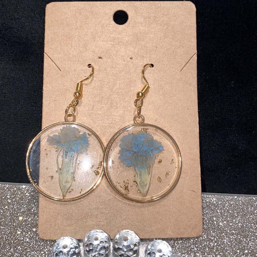 Blue Real Flowers Teardrop Earrings On 14k Gold Filled Wires, Handmade In Usa